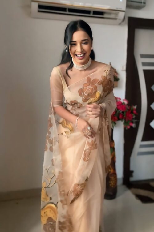 Pastel Beige Shade With Brown And Mustard Floral Prints Organza Ready To Wear Saree With Unstitched Blouse