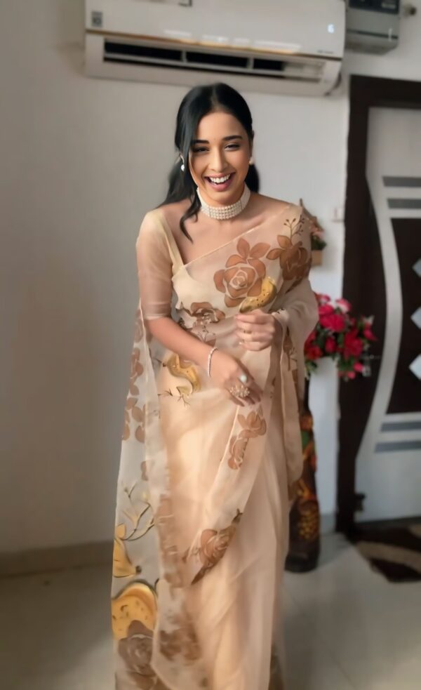 Pastel Beige Shade With Brown And Mustard Floral Prints Organza Ready To Wear Saree With Unstitched Blouse