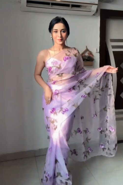 Pastel Lavender Shade With Delicate Purple Floral Prints Organza Ready To Wear Saree With Unstitched Blouse