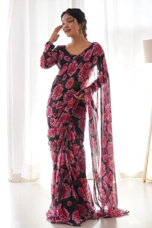 Black Base Color With Bold Pink Rose Floral Prints Georgette Ready To Wear Saree With Unstitched Blouse