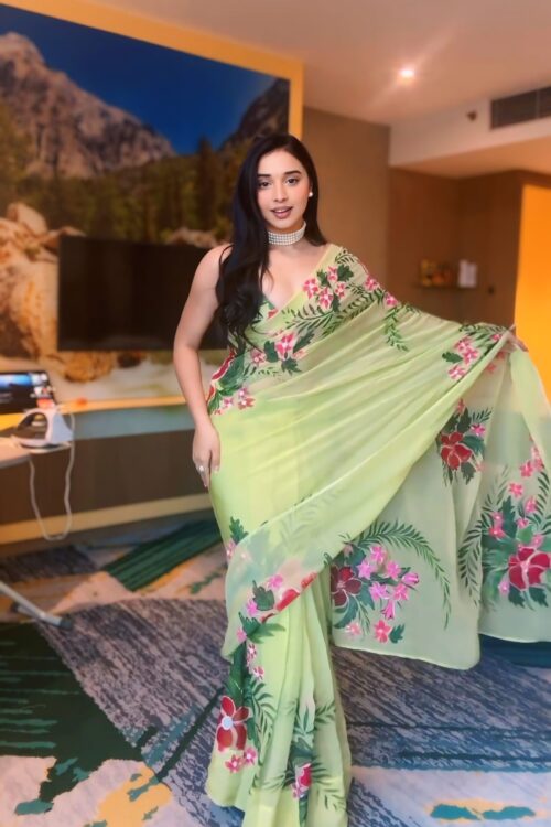 Light Green Color Pink And Red Floral Prints Georgette Ready To Wear Saree With Unstitched Blouse