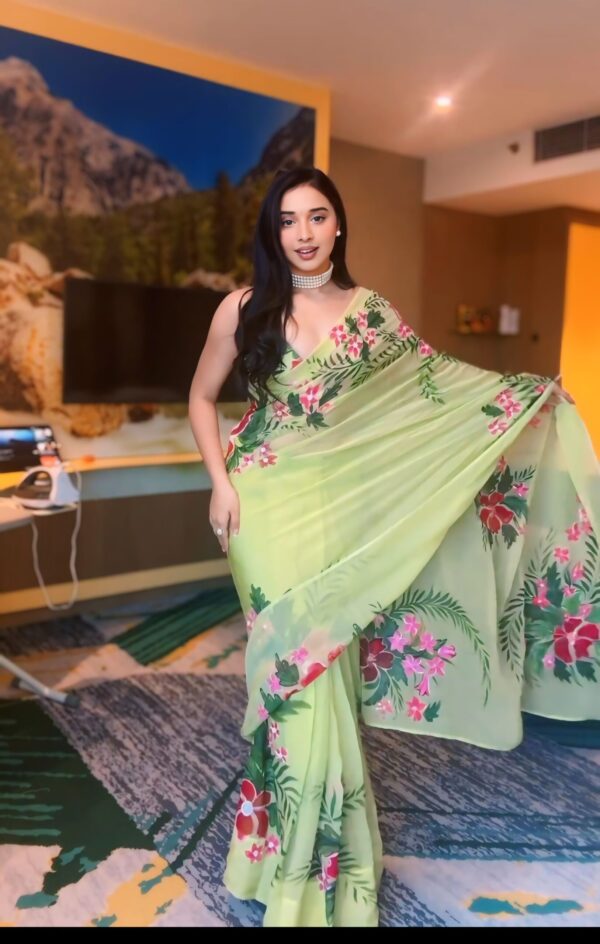 Light Green Color Pink And Red Floral Prints Georgette Ready To Wear Saree With Unstitched Blouse