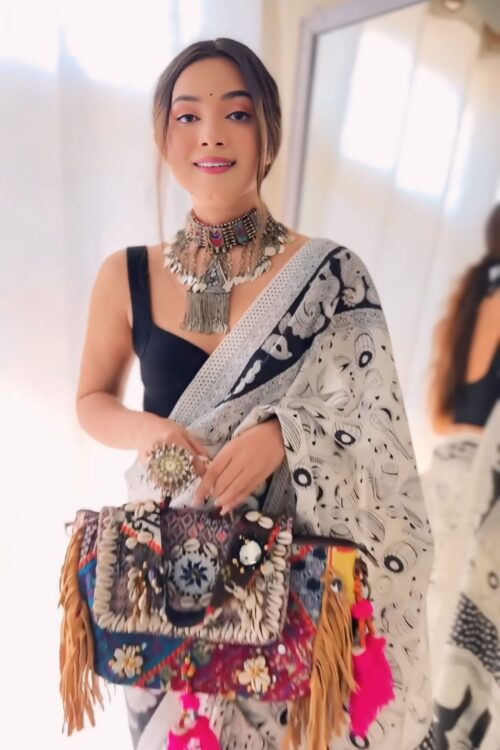 White And Black Handpainted Madhubani Art Motifs Georgette Ready To Wear Saree With Unstitched Blouse