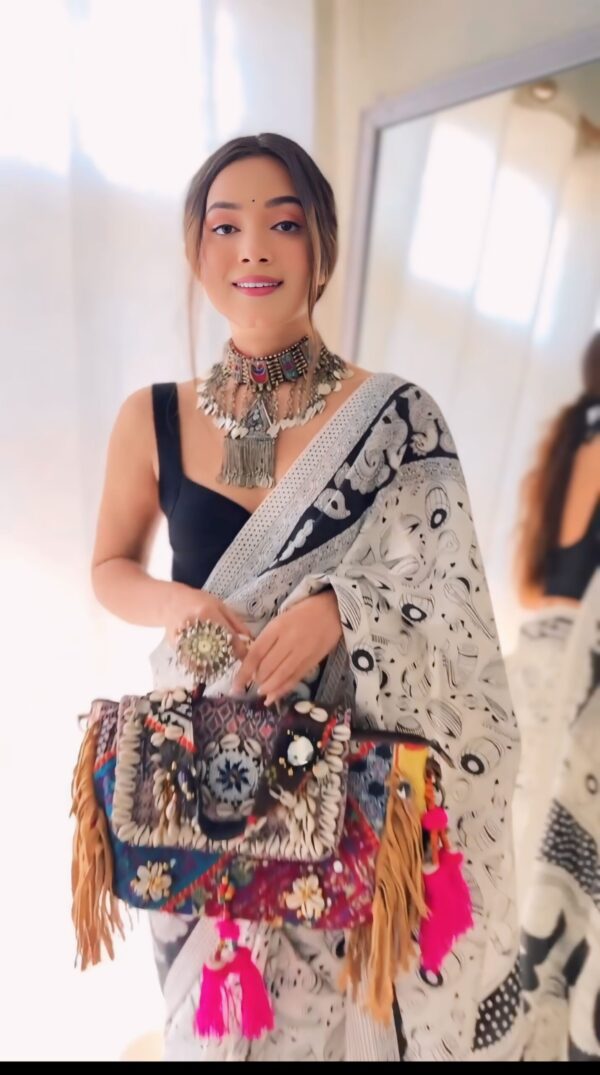 White And Black Handpainted Madhubani Art Motifs Georgette Ready To Wear Saree With Unstitched Blouse