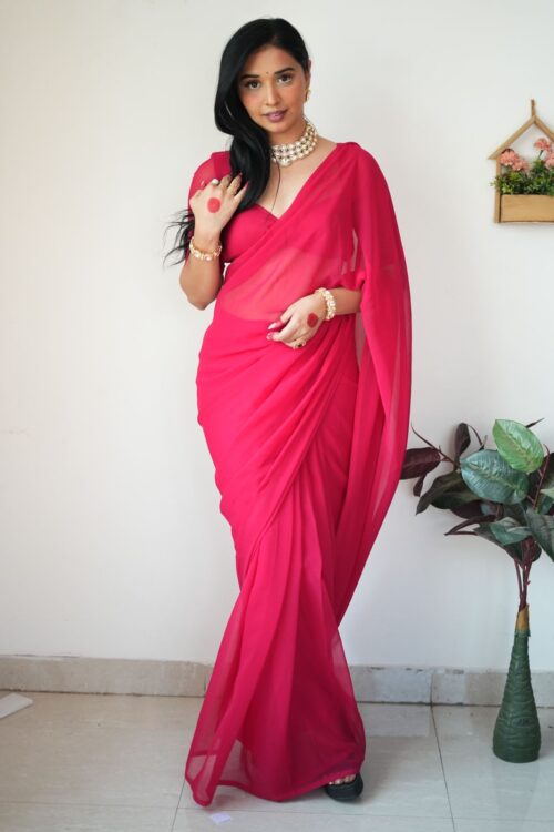 Red And Pink ,Omber Print Georgette Ready To Wear Saree With Unstitched Blouse