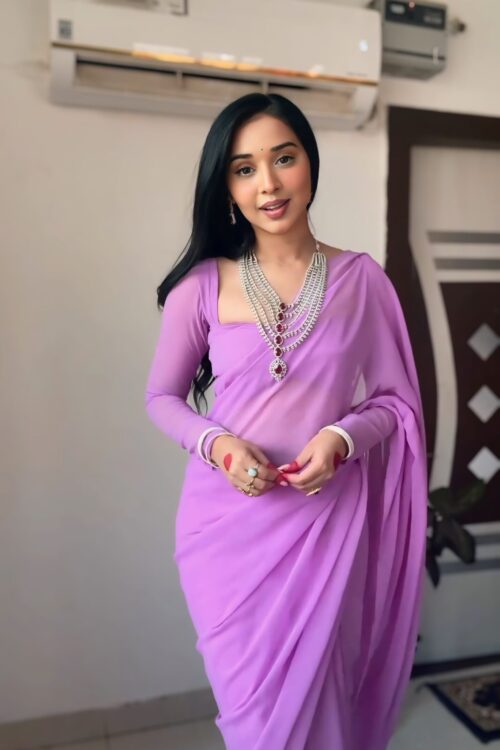 Lavender Color,Plain Elegant Georgette Ready To Wear Saree With Unstitched Blouse