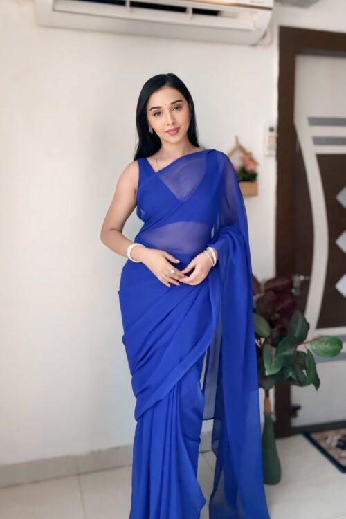 Royal Blue Color,Plain Elegant Georgette Ready To Wear Saree With Unstitched Blouse