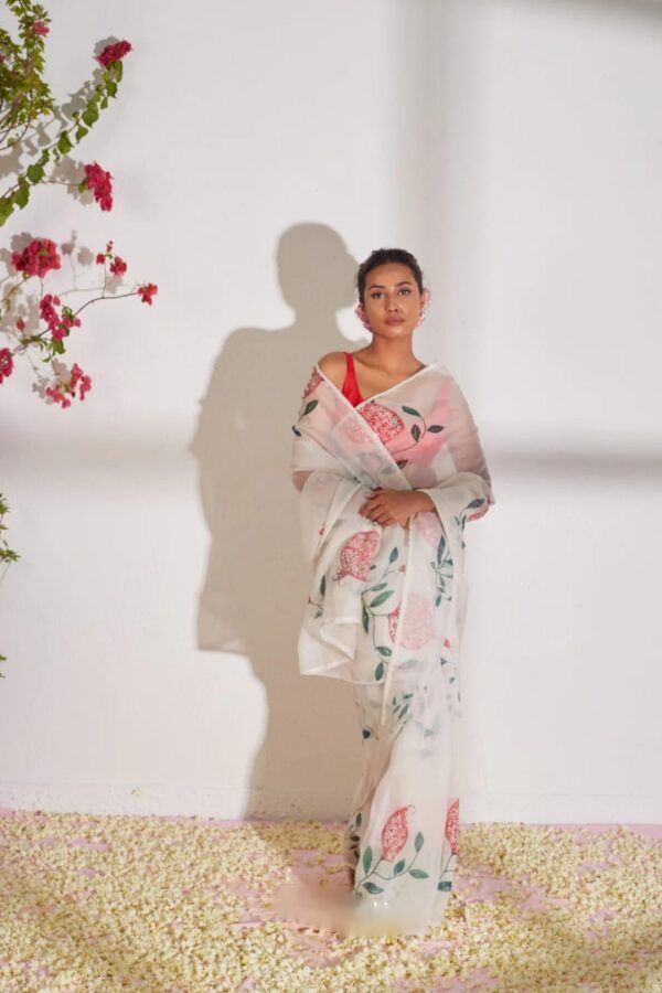 Cream Color Organza Saree Botanical Print Design Ready To Wear Saree With Stitched Blouse - Image 5