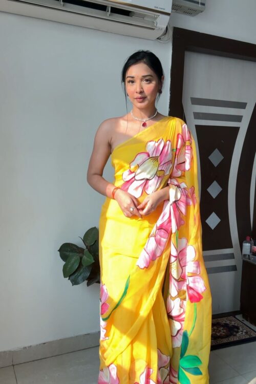 Bright Yellow Large Hand-painted Floral Motifs Georgette Ready To Wear Saree With Unstitched Blouse