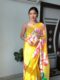 Bright Yellow Large Hand-painted Floral Motifs Georgette Ready To Wear Saree With Unstitched Blouse