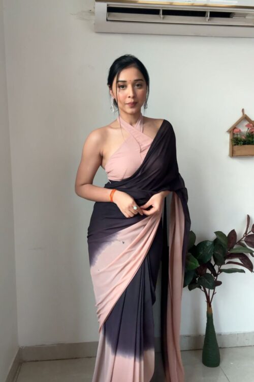Peach And Black Omber paint Georgette Ready To Wear Saree With Unstitched Blouse