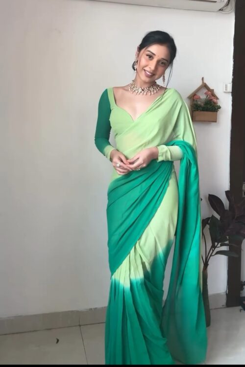Light Green And Dark Green Color Ombre Saree Georgette Ready To Wear Saree With Unstitched Blouse