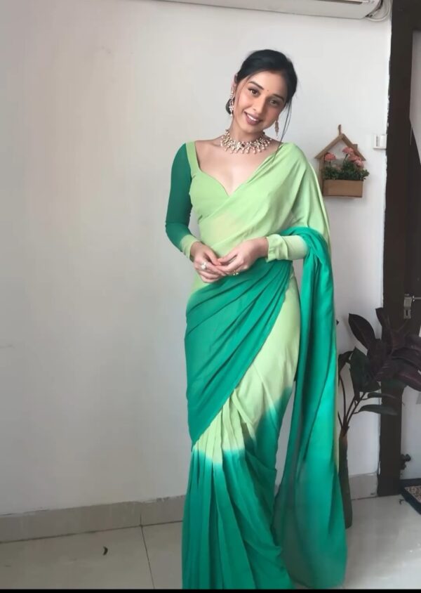 Light Green And Dark Green Color Ombre Saree Georgette Ready To Wear Saree With Unstitched Blouse
