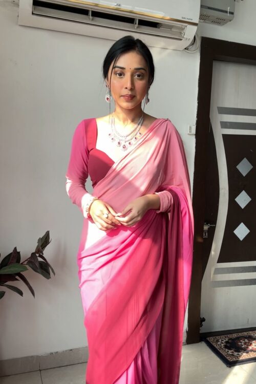 Light Pink And Dark Pink Omberv Print Georgette Ready To Wear Saree With Unstitched Blouse