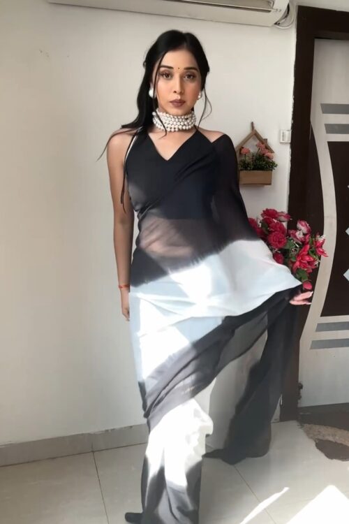 Black And White Omber paint Georgette Ready To Wear Saree With Unstitched Blouse