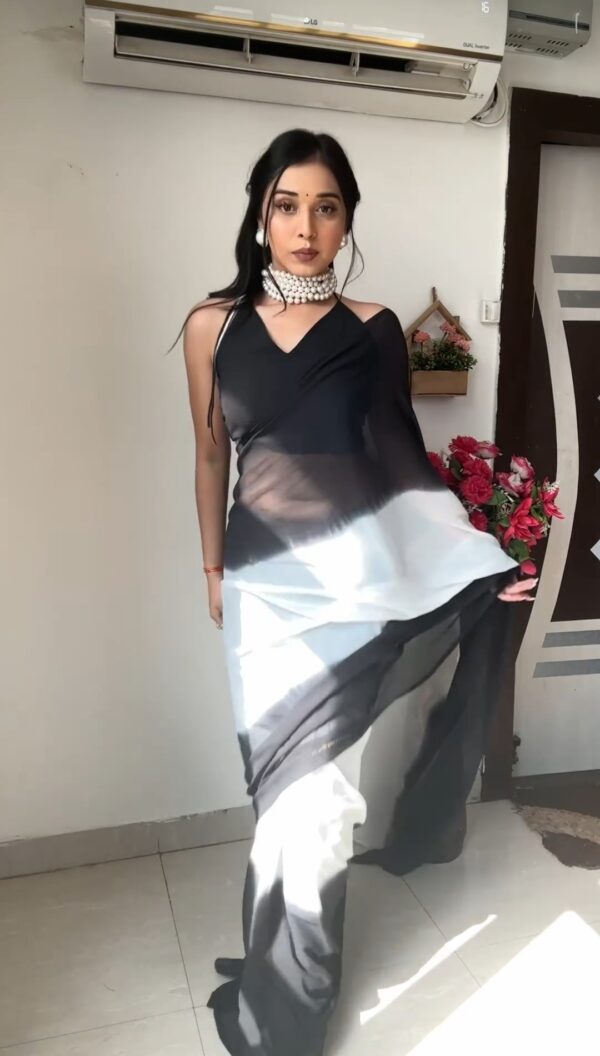 Black And White Omber paint Georgette Ready To Wear Saree With Unstitched Blouse