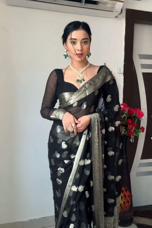 black cotton banarasi silver zari motifs saree Ready To Wear Saree With Unstitched Blouse