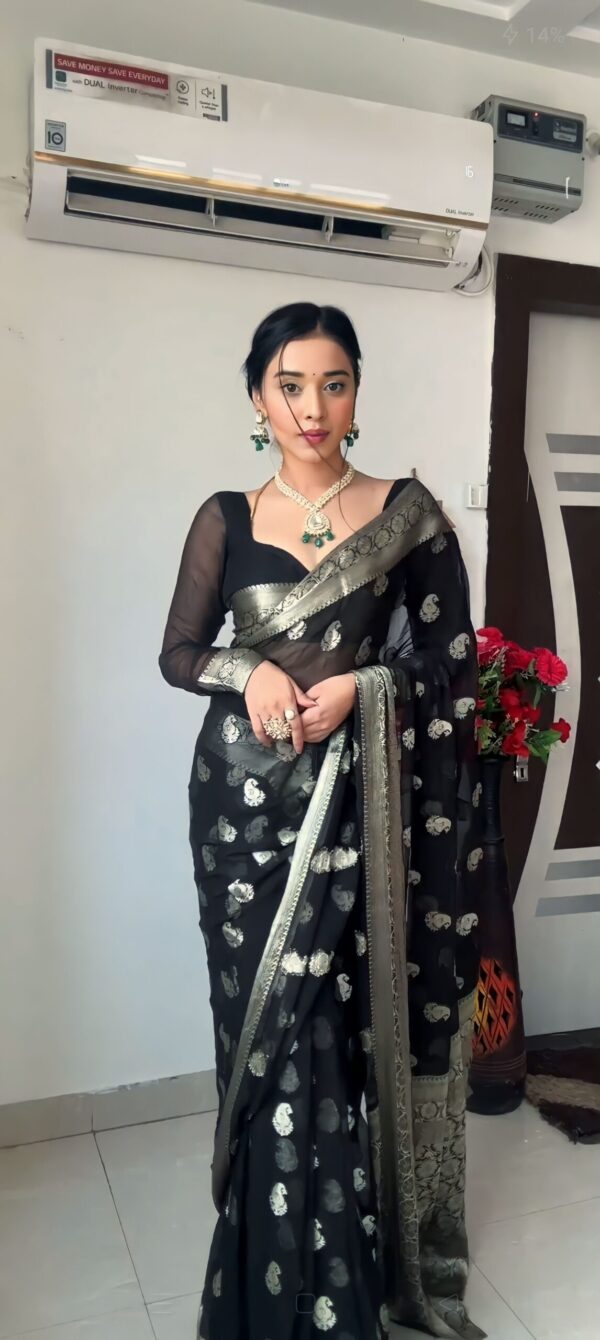 black cotton banarasi silver zari motifs saree Ready To Wear Saree With Unstitched Blouse