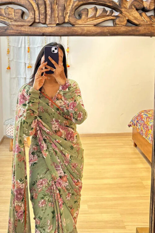 Pastel Green Shade And Pink And Maroon Floral Prints Georgette Ready To Wear Saree With Unstitched Blouse