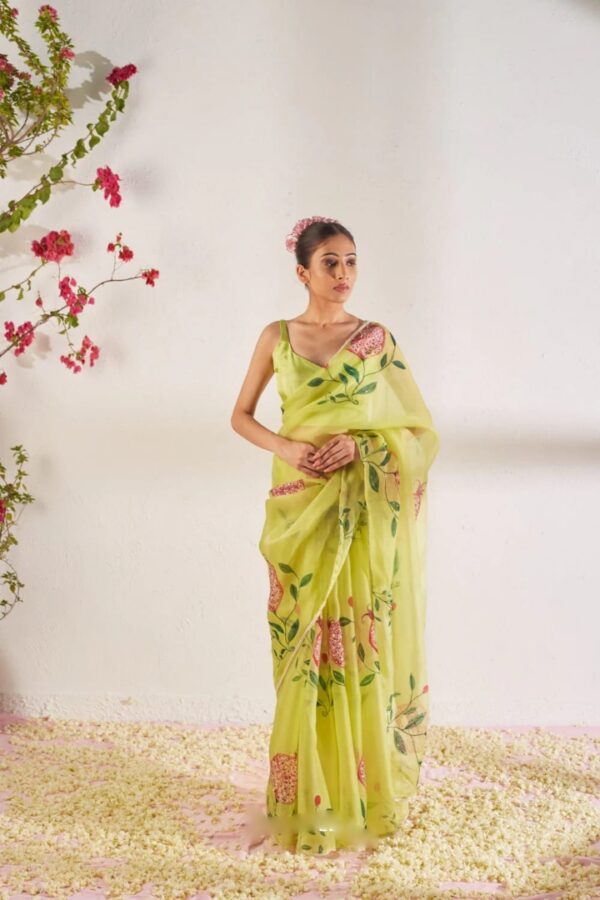 Lime Green Color Organza Saree Botanical Print Design Ready To Wear Saree With Stitched Blouse - Image 5