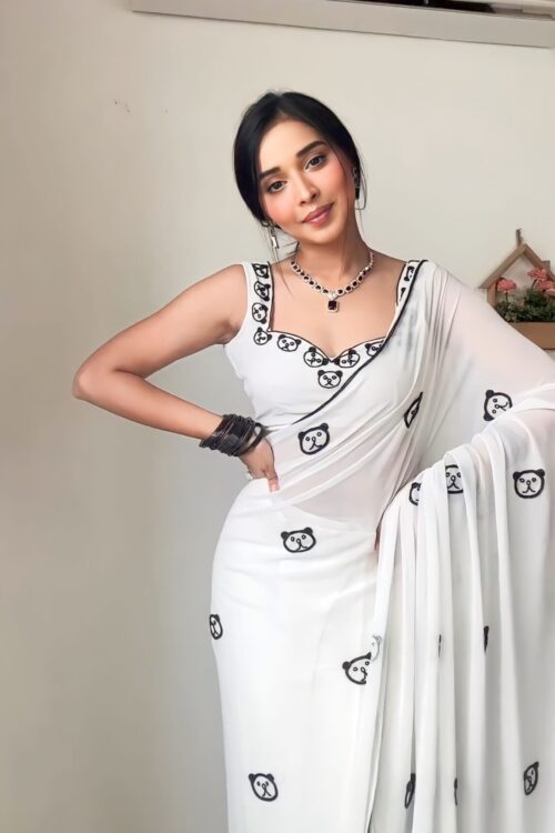 White Georgette Saree Cute Black Embroidered Bear Faces Ready To Wear Saree With Unstitched Blouse