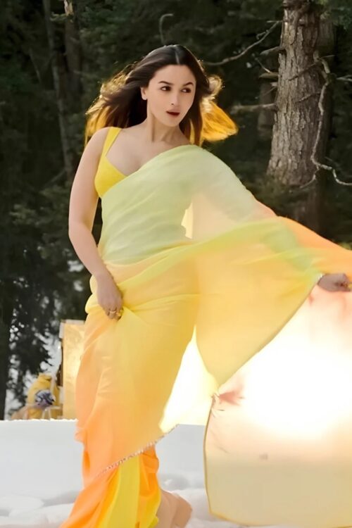 Lemon Yellow To Orange Ombré Shades Georgette Ready To Wear Saree With Unstitched Blouse
