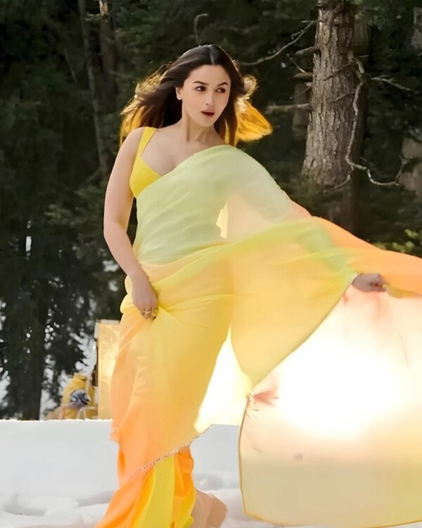 Lemon Yellow To Orange Ombré Shades Georgette Ready To Wear Saree With Unstitched Blouse