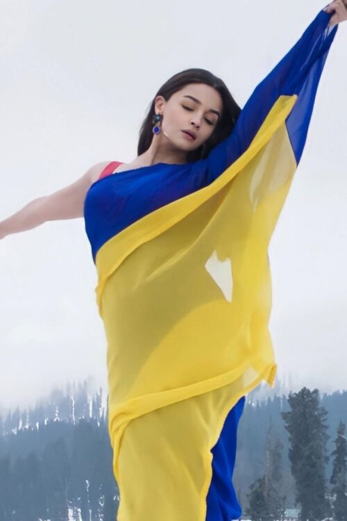 Royal Blue And Yellow Omber Pattern Georgette Ready To Wear Saree With Unstitched Blouse