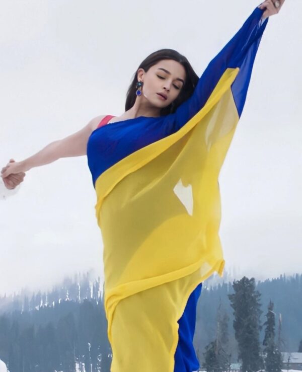 Royal Blue And Yellow Omber Pattern Georgette Ready To Wear Saree With Unstitched Blouse
