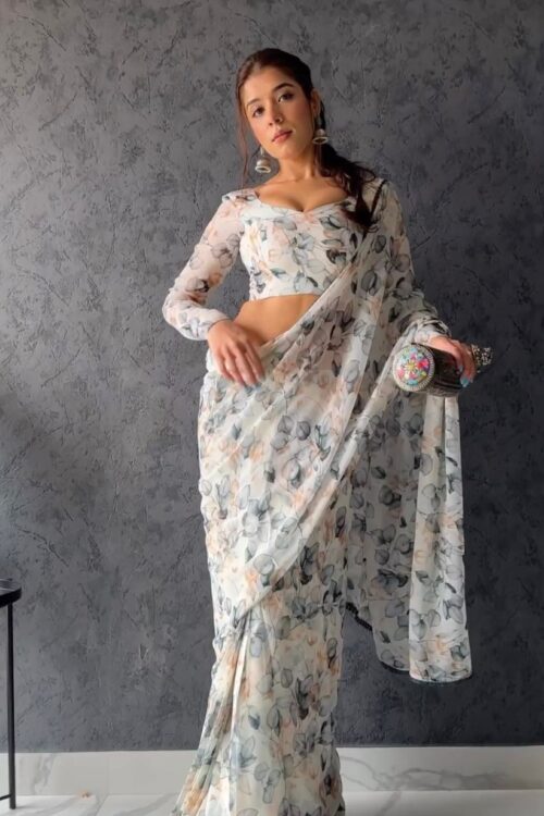 Blue, Grey, And Beige Omber Pattern Georgette Ready To Wear Saree With Unstitched Blouse