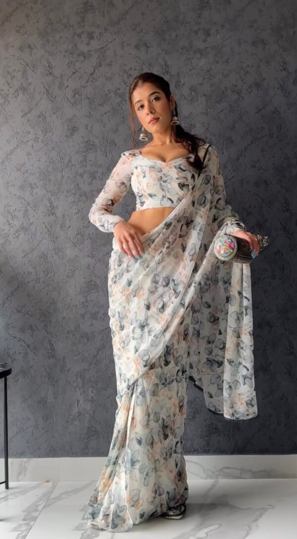 Blue, Grey, And Beige Omber Pattern Georgette Ready To Wear Saree With Unstitched Blouse