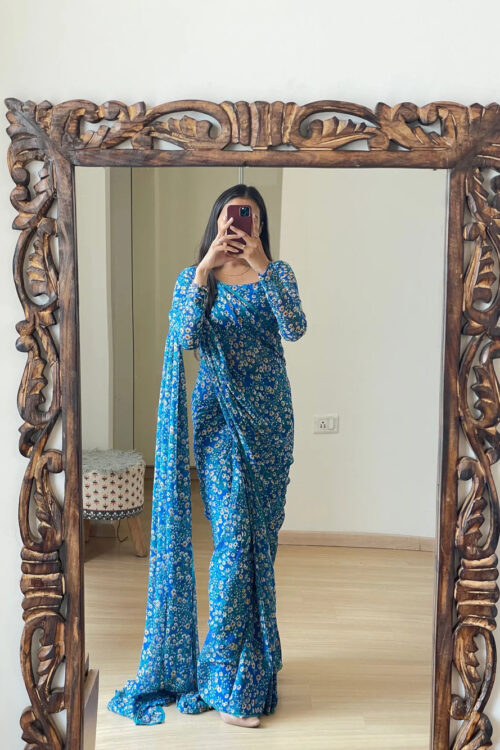 Blue Georgette Floral Print Ready To Wear Saree With Unstitched Blouse