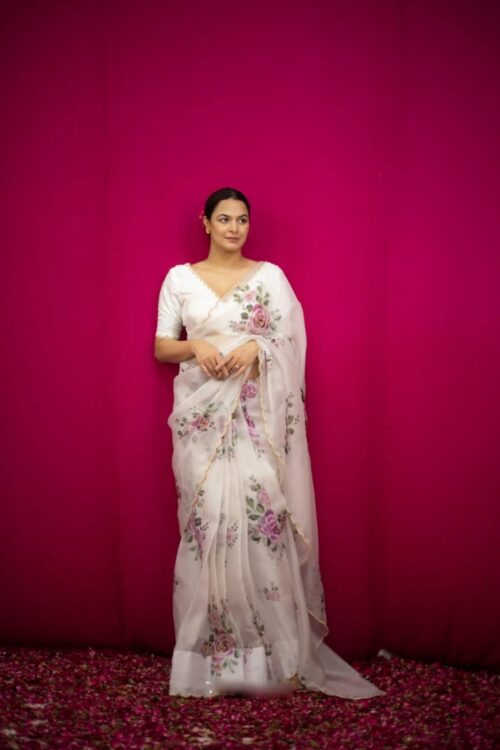 White Color Organza Saree Botanical Print Scalloped Golden Border Design Ready To Wear Saree With Stitched Blouse