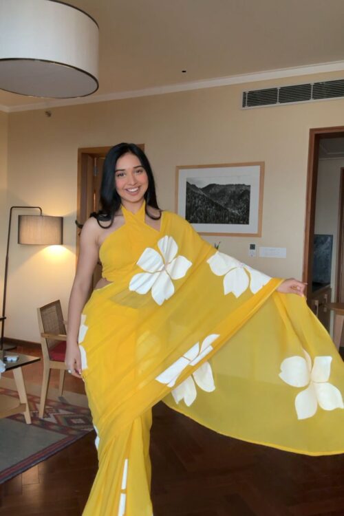 Yellow Color, Highlighted With Large White Floral Prints Georgette Ready To Wear Saree With Unstitched Blouse