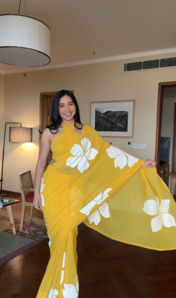 Yellow Color, Highlighted With Large White Floral Prints Georgette Ready To Wear Saree With Unstitched Blouse