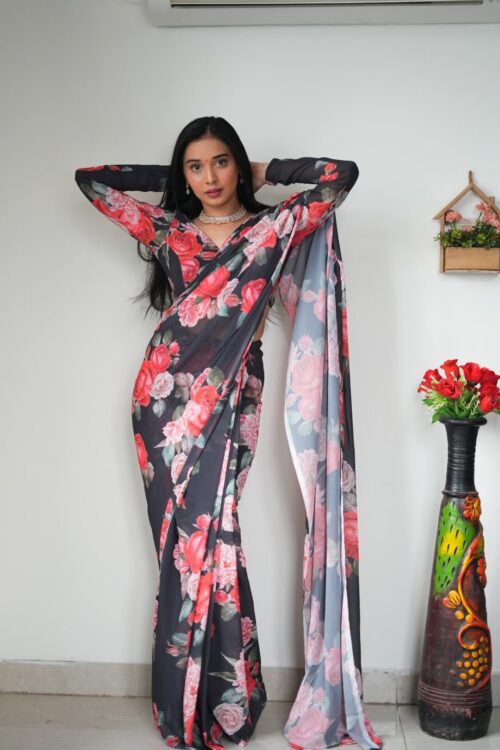 Black Base, Adorned With Bold Red And Pink Floral Prints Georgette Ready To Wear Saree With Unstitched Blouse