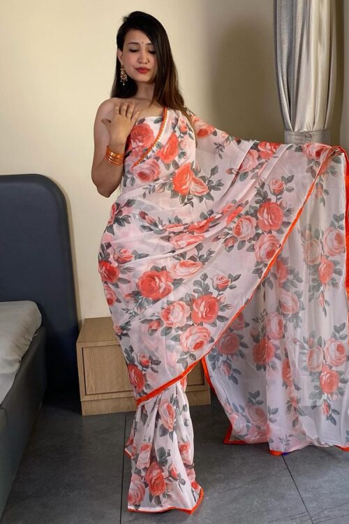 Light White Peach And Grey Rose Floral Prints Georgette Ready To Wear Saree With Unstitched Blouse