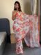 Light White Peach And Grey Rose Floral Prints Georgette Ready To Wear Saree With Unstitched Blouse