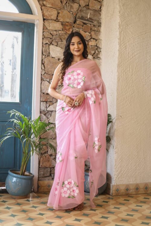 Pink Georgette Multi Colour Flower Ready To Wear Saree  With Unstitched Blouse