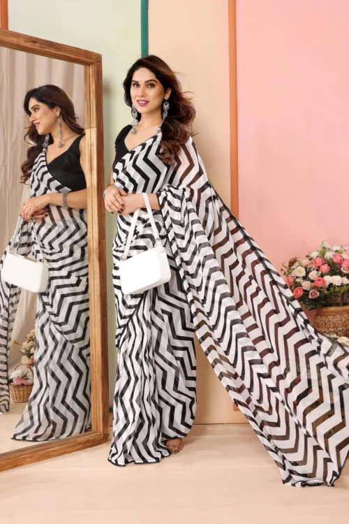 Black And White Stripes Georgette Ready To Wear Saree With Unstitched Blouse