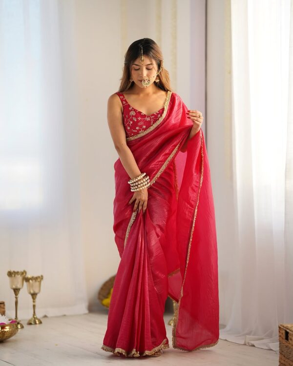Rani Pink Gold Crush Saree With Golden Border Ready To Wear Saree With Embroidered Blouse Stitched - Image 7
