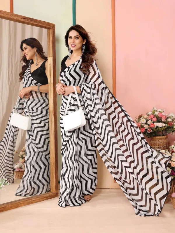 Black And White Stripes Georgette Ready To Wear Saree With Unstitched Blouse