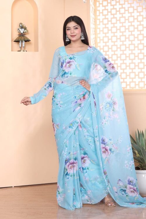Sky Blue And Multi-color Floral Prints Georgette Ready To Wear Saree With Unstitched Blouse