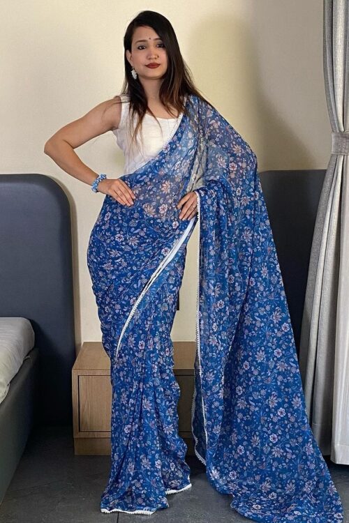 Navy Blue And Multi-color Floral Prints Georgette Ready To Wear Saree With Unstitched Blouse