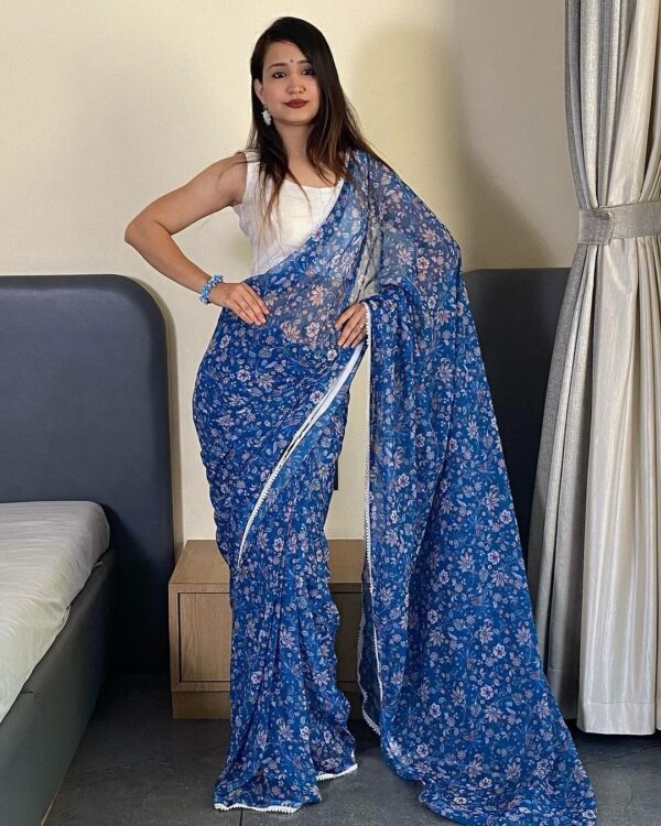 Navy Blue And Multi-color Floral Prints Georgette Ready To Wear Saree With Unstitched Blouse