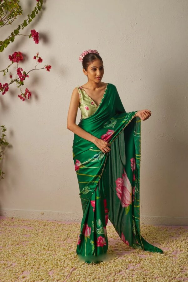 Green Color Satin Saree Botanical Lotus Print Scalloped Golden Border Design Ready To Wear Saree With Stitched Blouse - Image 4