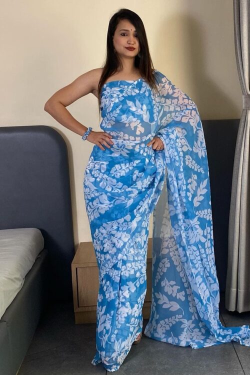 Light Blue And Light Blue Georgette Ready To Wear Saree With Unstitched Blouse