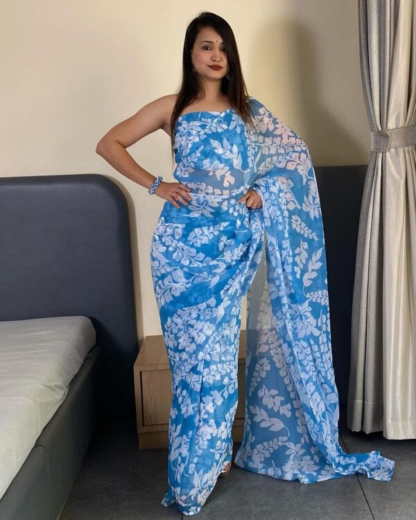 Light Blue And Light Blue Georgette Ready To Wear Saree With Unstitched Blouse