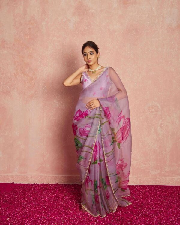 Lavender Color Organza Hand-painted Lotus Motifs In Pink And Green Ready To Wear Saree With Stitched Blouse - Image 4