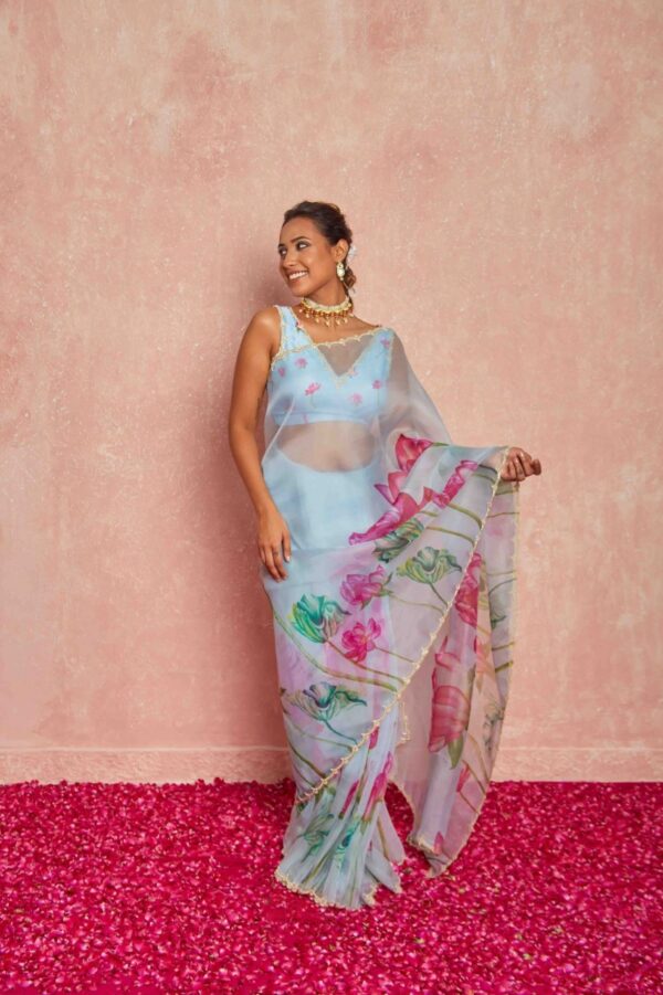 Sky Blue Color Organza Vibrant Multi-colored Lotus Prints Ready To Wear Saree With Stitched Blouse - Image 4